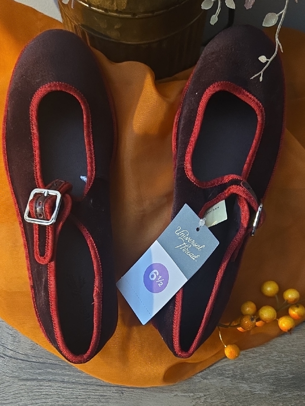 Universal Thread Burgundy Velvet Flats with Red Trim and Silver Buckle